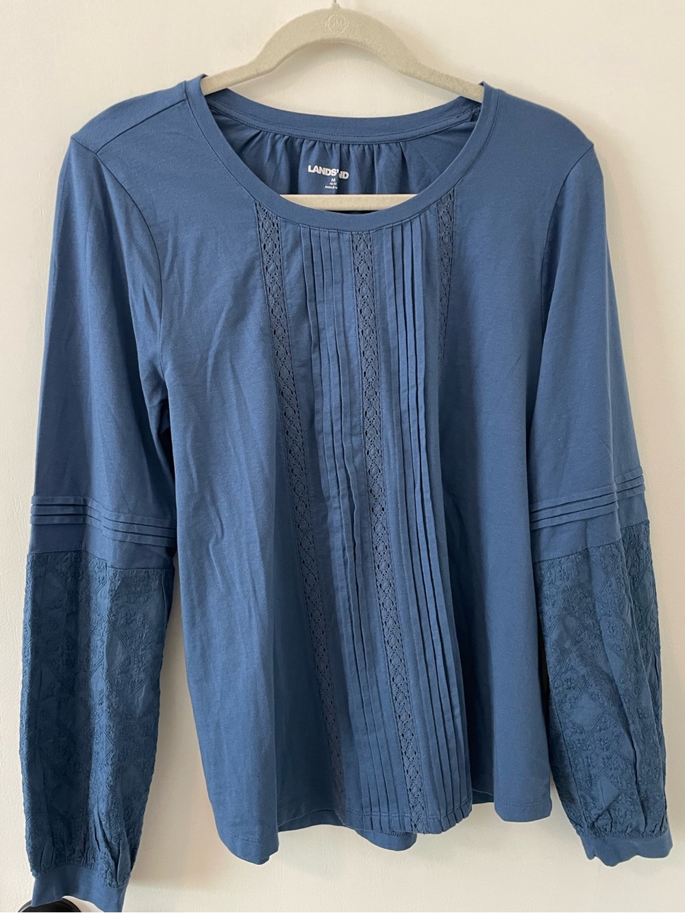 Lands End Womans Medium Blouse Pintuck Blue Tunic Top Coastal Boho 074